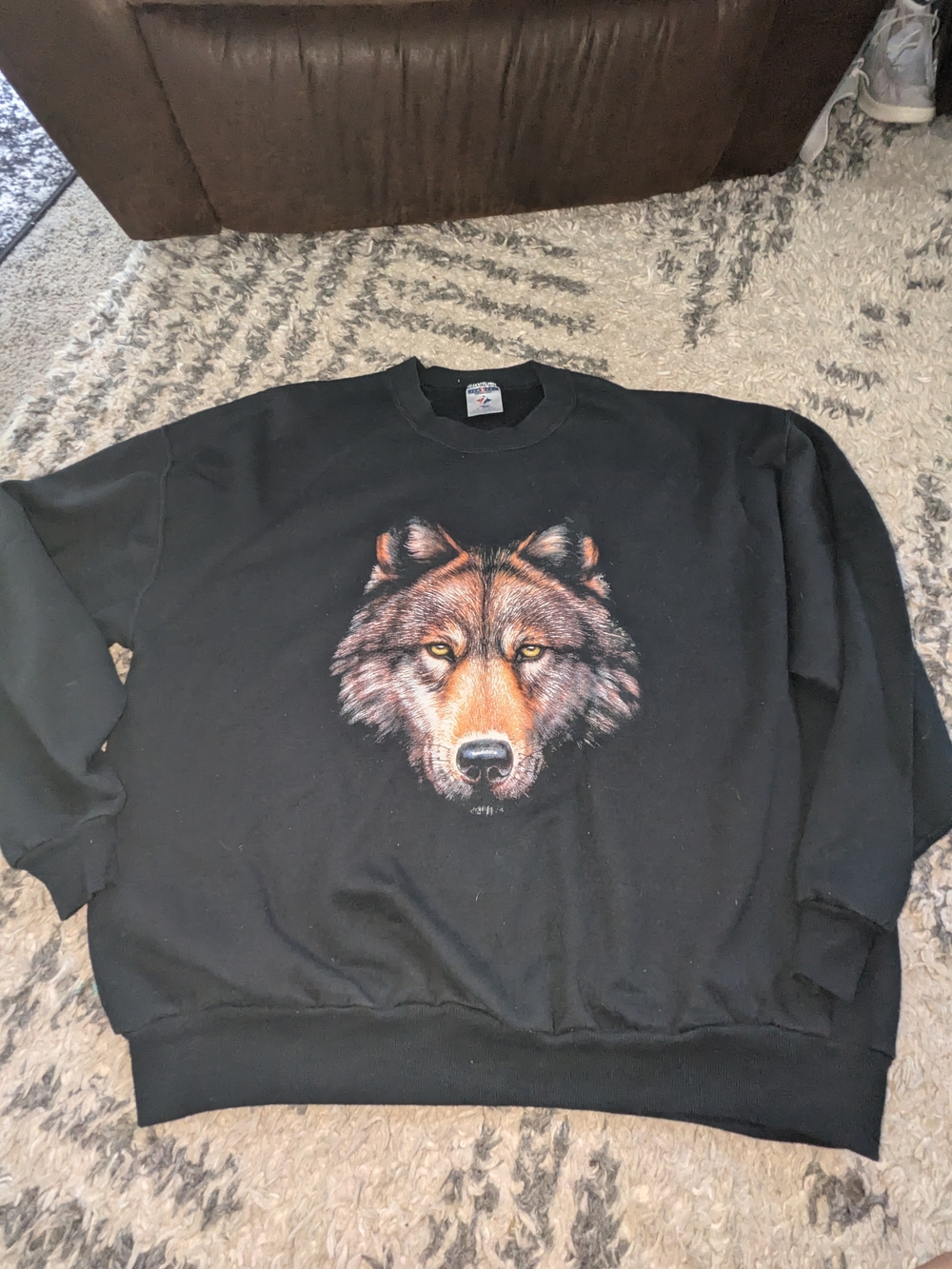 Jerzees Black Crewneck Sweater with Wolf Graphic